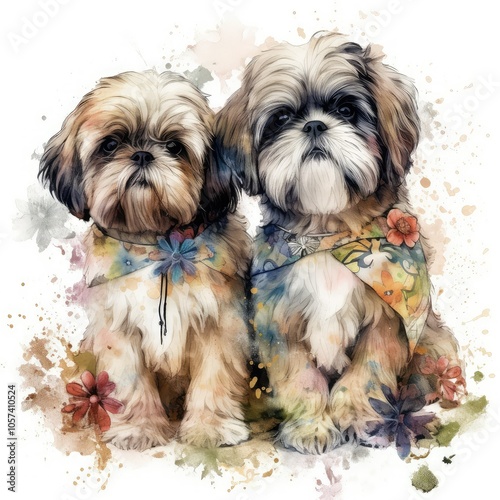 Two Shih Tzu dogs sitting together in a watercolor style.