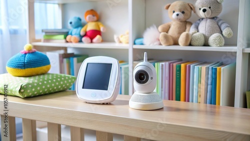 A baby monitor on a nursery shelf, surrounded by toys and books, symbolizing technology and safety in baby care photo