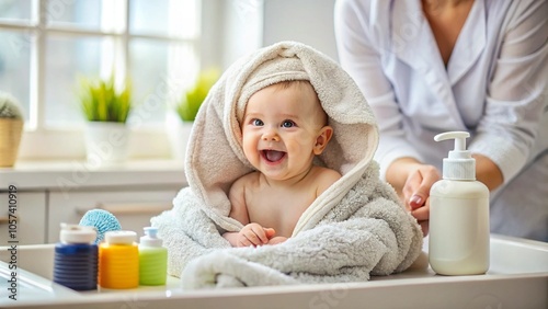 A baby wrapped in a soft towel after bath time, held by a parent, with baby bath products in the background