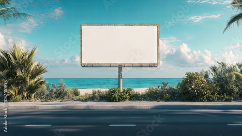 An outdoor billboard mockup with a summertime seaside backdrop road. A large billboard near the road with the ocean in the background