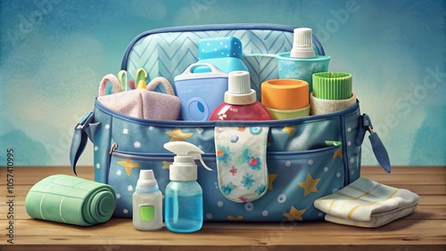 A neatly organized diaper bag with baby essentials, including a bottle, diapers, wipes, and baby cream, placed on a table