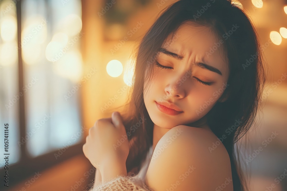 Obraz premium A young female is softly focused against a backdrop of romantic bokeh lights, creating a mood-filled ambiance with her eyes gently closed in thought.