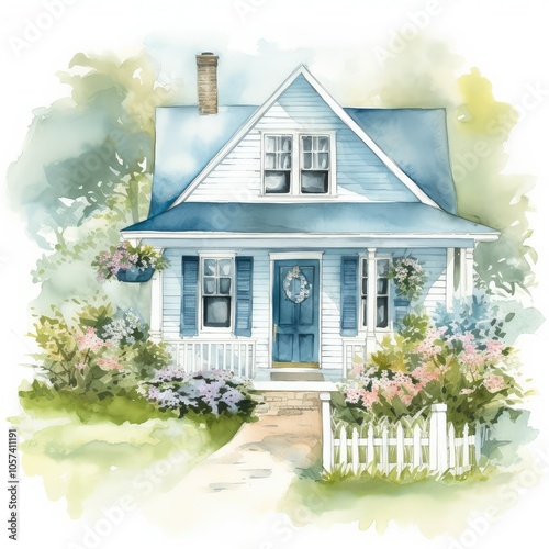 Watercolor painting of a charming cottage.