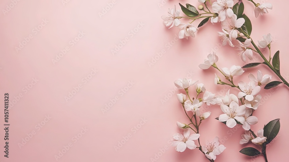Obraz premium Banner with flowers on light pink background. Greeting card template for Wedding, mothers or womans day. Springtime composition with copy space. Flat lay style