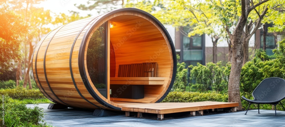 Wooden barrel sauna in a tranquil backyard garden setting, perfect for relaxation and wellness. Wooden barrel sauna in a tranquil backyard garden setting, perfect for relaxation and wellness.