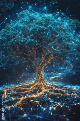 Digital Tree of Life on Technology Background Abstract Growth, Lines, Connecting Dots, Triangles