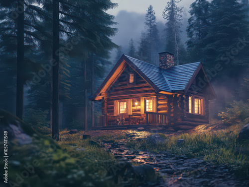 Cozy log cabin illuminated warmly amidst a misty forest setting, creating a serene and inviting ambiance.