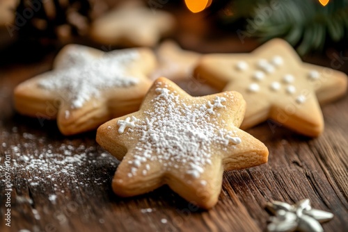 Featuring star-shaped cookies lightly dusted with powdered sugar, this image captures the essence of simple yet elegant holiday baking, perfect for festive gatherings. photo