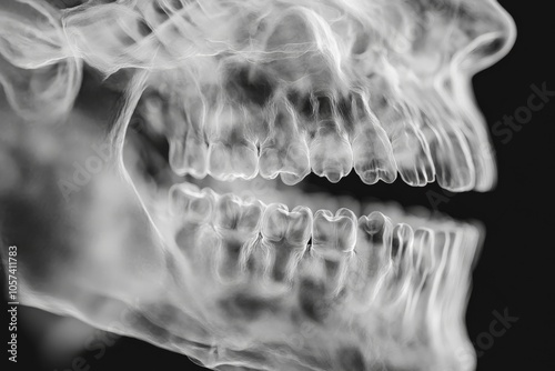 An x-ray side profile image of a human skull highlighting the full dental structure with remarkable clarity, useful for dental and anatomical studies.