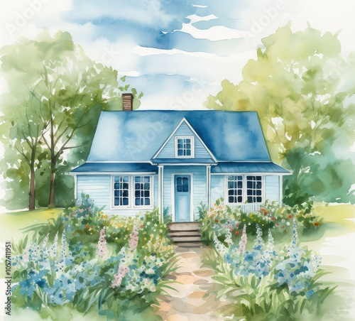 Blue house with garden path and blooming flowers.