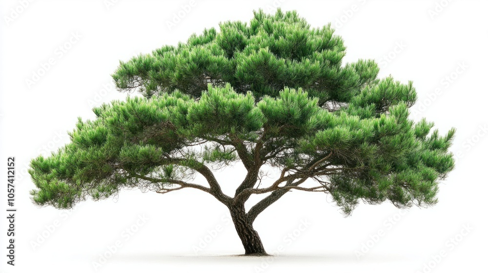 Lush green pine tree with dense branches, symbolizing the essence of a forest, isolated on white background Lush green pine tree with dense branches, symbolizing the essence of a forest, isolated on white background