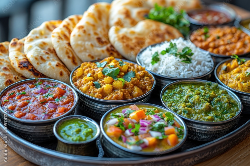 A vibrant platter of Indian cuisine featuring various curries, rice, and naan bread.