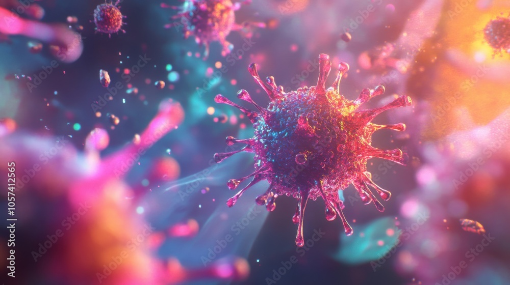 Flu virus particle replicating inside a cell, microscopic view Flu virus particle replicating inside a cell, microscopic view
