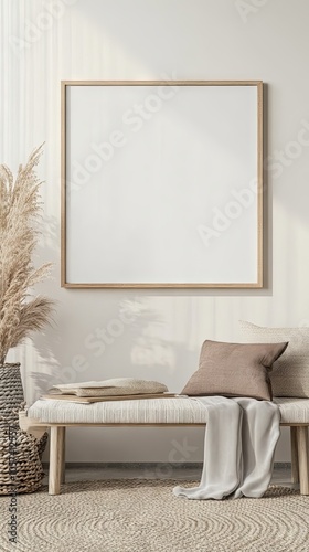Blank Wooden Picture Frame Mockup On Wall In Modern Interior. Artwork Template Mock-Up For Artwork, Painting, Photo Or Poster In Interior Design