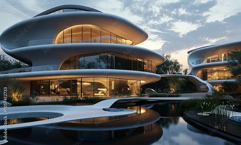 A futuristic, organic-shaped house reflecting in a serene water feature at dusk. A futuristic, organic-shaped house reflecting in a serene water feature at dusk.