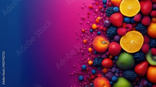 Vibrant Assorted Fruits on Pink to Blue Gradient Background photo