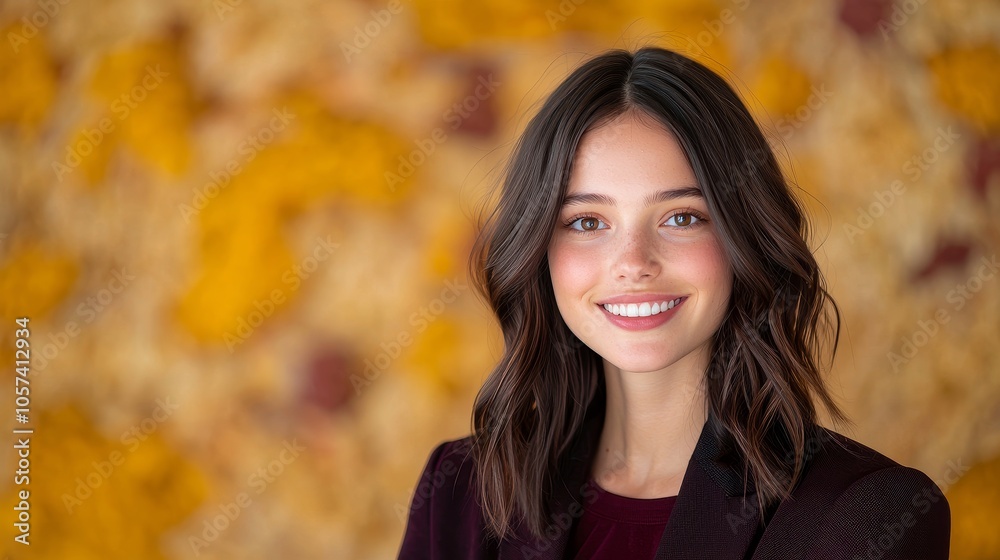 Radiating confidence a young woman's smile against a vibrant autumn backdrop Radiating confidence a young woman's smile against a vibrant autumn backdrop