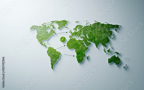 A green world map made of leaves symbolizes environmental awareness and sustainability, highlighting the connection between nature and the planet. #1057412966