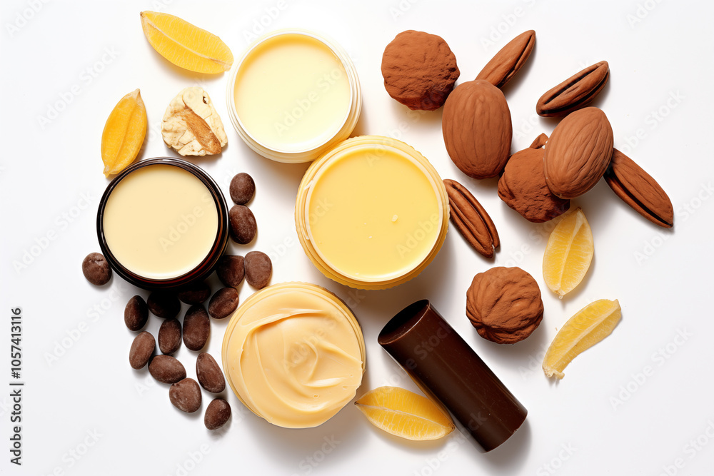 Variety of Natural Cosmetics and Ingredients on White Background Variety of Natural Cosmetics and Ingredients on White Background