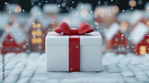 Christmas Gift Box with Red Ribbon and Snow in Festive Village Setting photo