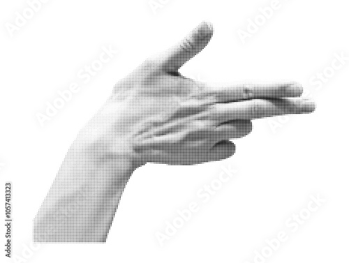 Business collage in halftone style.  Vector. Hand shows gesture in form of a pistol. Fingers. Business deal. Agreement. Negotiation. Works. Job. Trendy elements. Sample. Retro. Paper. Idea. Sign