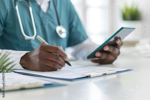 Close-up of a healthcare professional writing notes while using a tablet, emphasizing technology, precision, and dedication in modern medical practice photo