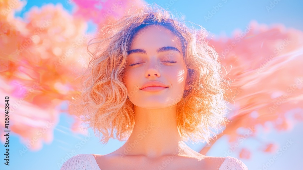 Embracing serenity a joyful portrait of a woman in a blossom-filled dreamscape under soft skies Embracing serenity a joyful portrait of a woman in a blossom-filled dreamscape under soft skies