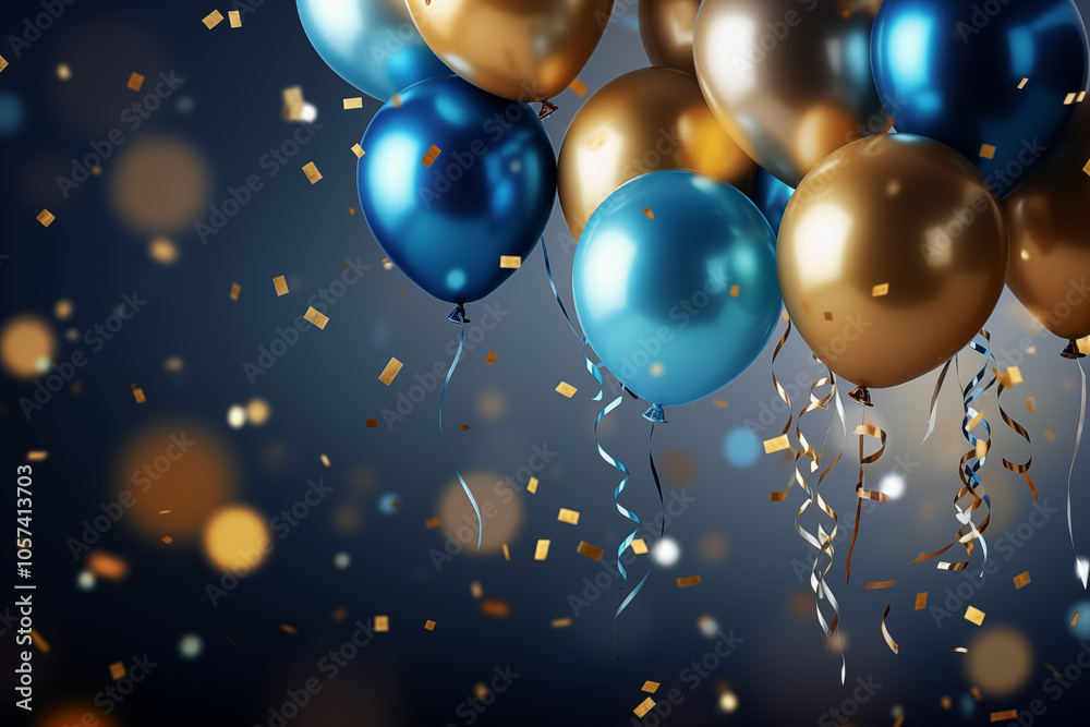 Blue And Gold Balloons Amidst Confetti Celebration - Space for Text Blue And Gold Balloons Amidst Confetti Celebration - Space for Text
