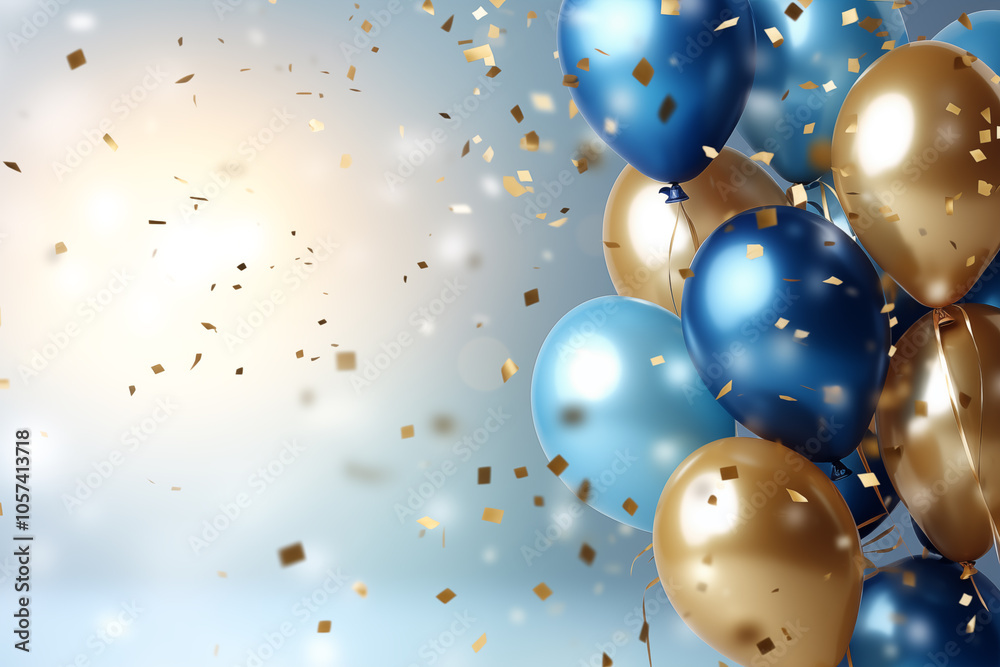 Blue and Gold Balloons with Confetti for Festive Celebrations - Space for Text Blue and Gold Balloons with Confetti for Festive Celebrations - Space for Text