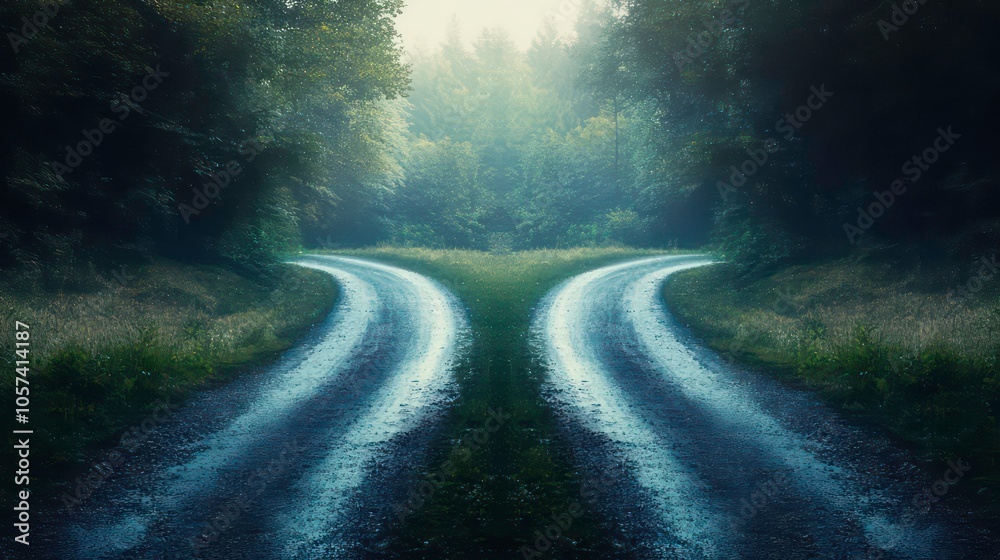 A serene forest scene featuring a forked path leading into the misty woods. A serene forest scene featuring a forked path leading into the misty woods.