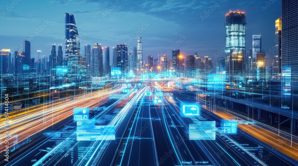 Futuristic urban landscape with smart city infrastructure, Futuristic urban landscape with smart city infrastructure,