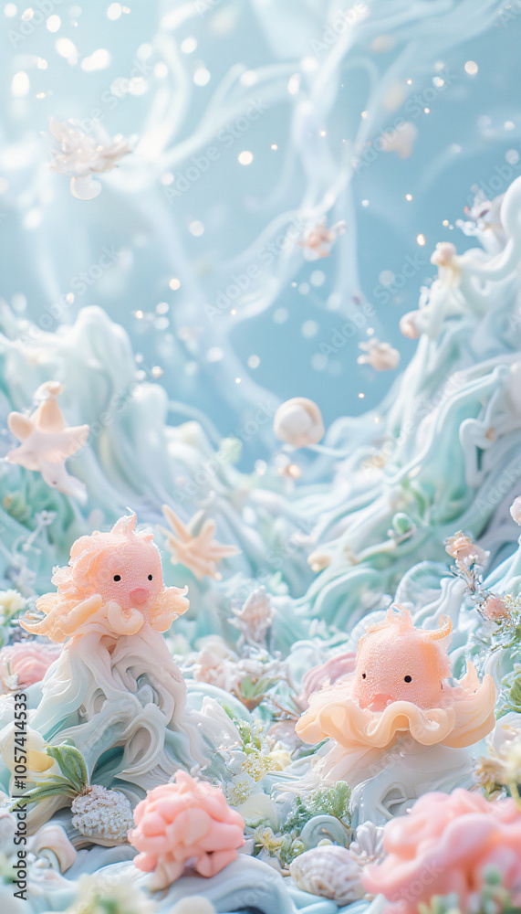 Underwater Fantasy Scene with Coral, Sea Creatures, and Blue Waves Underwater Fantasy Scene with Coral, Sea Creatures, and Blue Waves