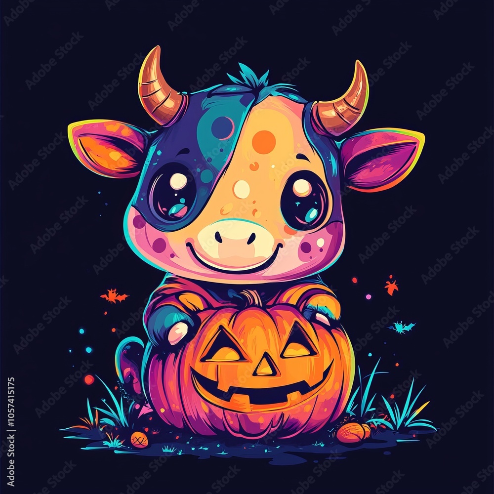 Cute Cartoon Cow with Pumpkin for Halloween Cute Cartoon Cow with Pumpkin for Halloween