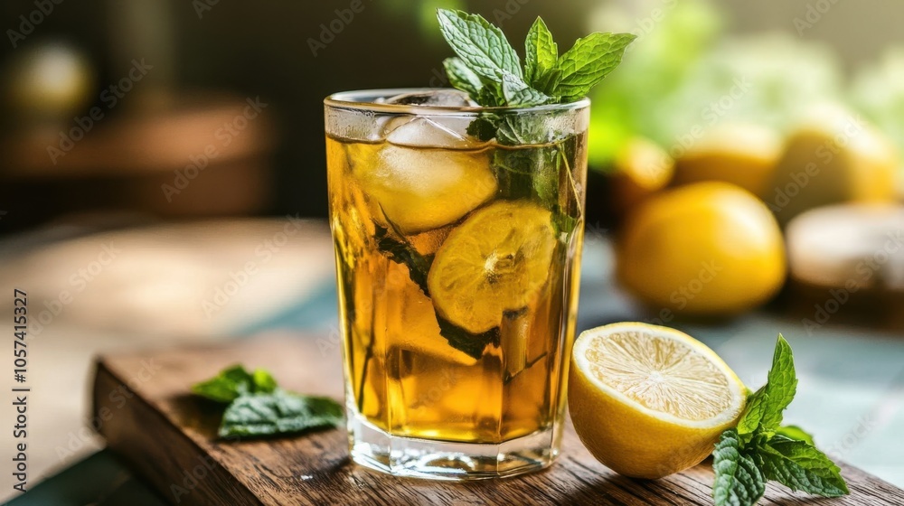Glass of iced green tea with a slice of lemon and mint Glass of iced green tea with a slice of lemon and mint