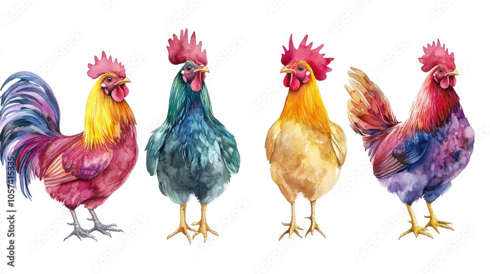 Fototapeta premium Four Colorful Roosters Watercolor Illustration