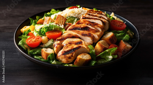 Grilled chicken Caesar salad with parmesan cheese, croutons, cherry tomatoes, and romaine lettuce served in a black bowl on a dark surface.