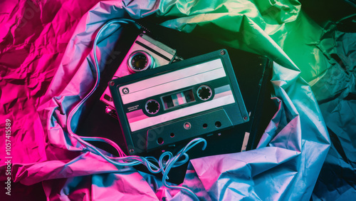 old vintage retro multicolored audio tape cassette