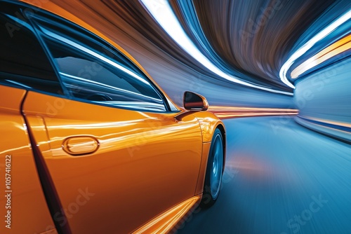 Fast orange sports car driving through a brightly lit tunnel at high speed during nighttime