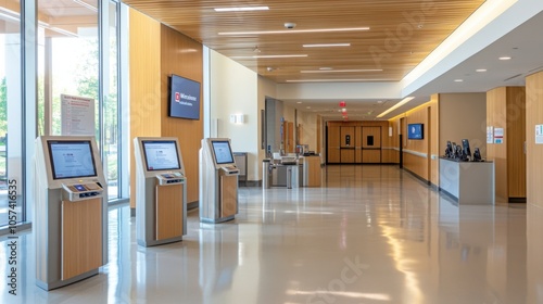 High-tech hospital lobby with advanced check-in kiosks