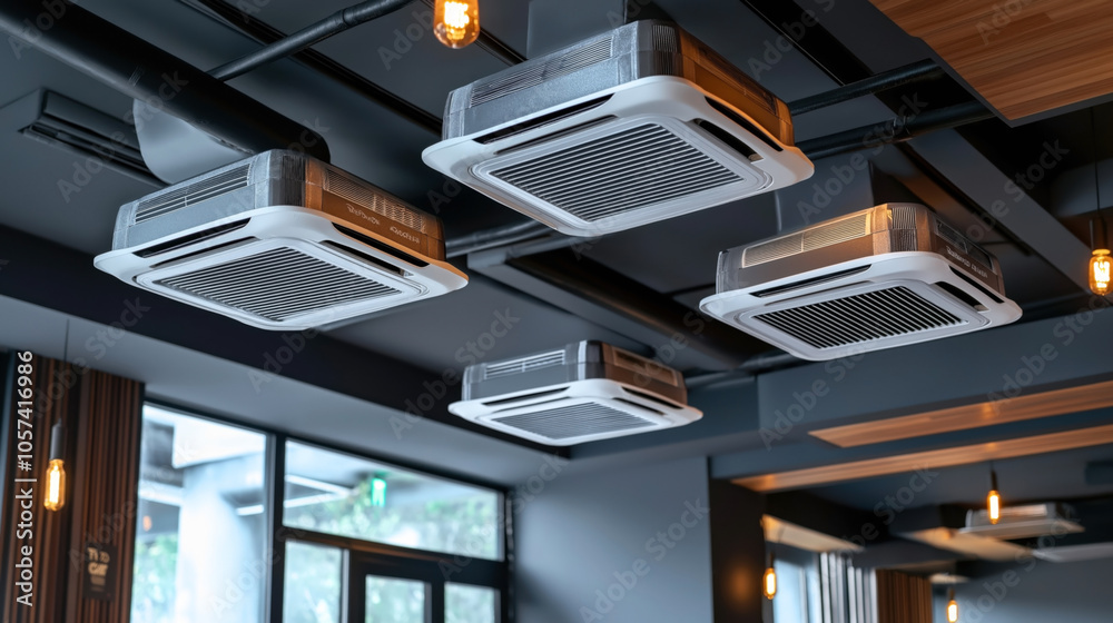 Fototapeta premium Several modern ceiling-mounted air conditioning units in an indoor space with industrial design elements including exposed ducts and warm lighting.