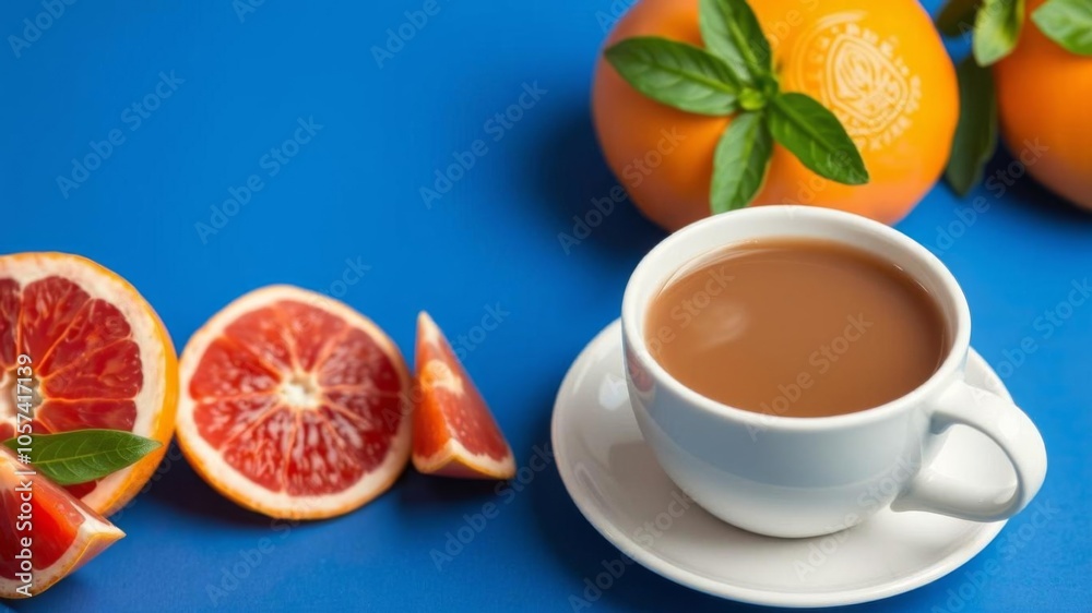 A minimalistic composition of a cup of coffee and a half of grapefruit on a blue background, drink, citrus A minimalistic composition of a cup of coffee and a half of grapefruit on a blue background, drink, citrus