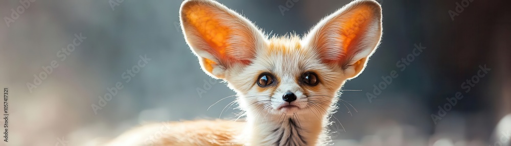 Fototapeta premium Tiny fennec fox with large ears on a solid gray background, curious and exotic