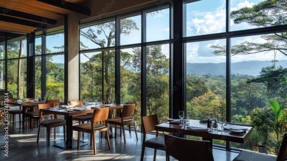 Hotel dining area with large windows offering views Hotel dining area with large windows offering views