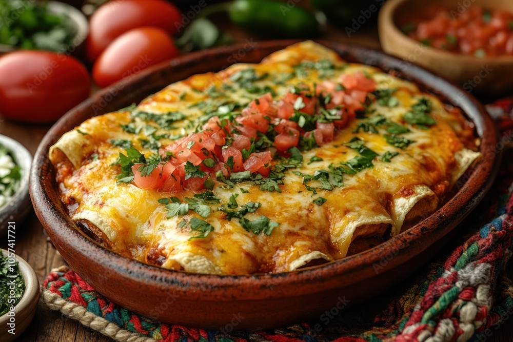 A delicious plate of enchiladas topped with cheese, tomatoes, and cilantro. A delicious plate of enchiladas topped with cheese, tomatoes, and cilantro.