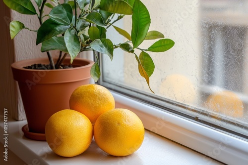 Minimalist white kitchen with a windowsill, a plant, and oranges on the countertop photo