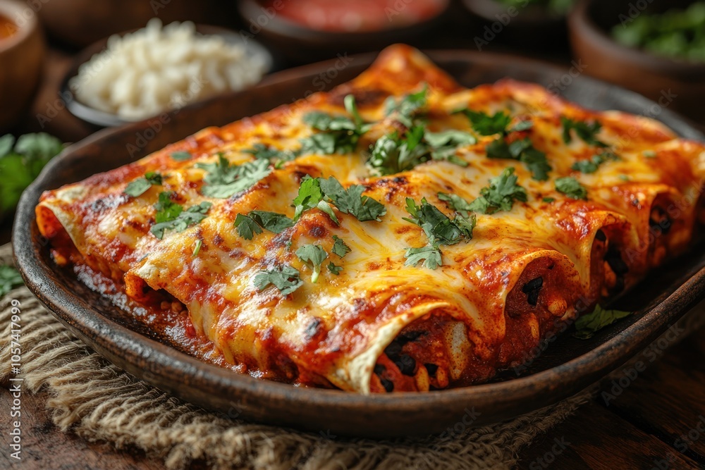 A delicious plate of enchiladas topped with cheese and cilantro, served on a rustic table. A delicious plate of enchiladas topped with cheese and cilantro, served on a rustic table.