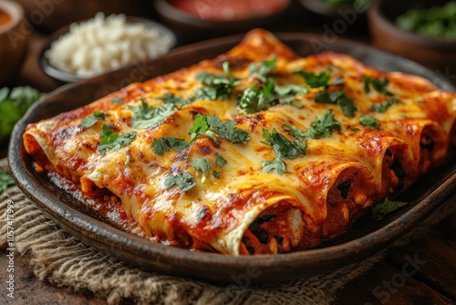 A delicious plate of enchiladas topped with cheese and cilantro, served on a rustic table.