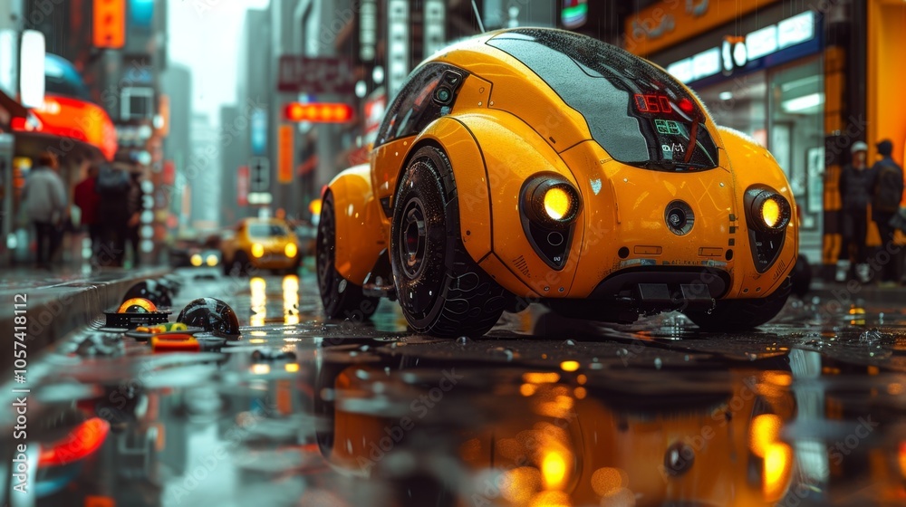 Fototapeta premium Futuristic Yellow Car on a Rainy City Street
