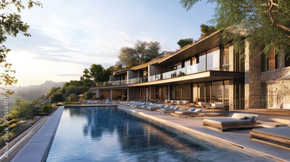 Fototapeta premium Hotel pool area with modern design and views of the