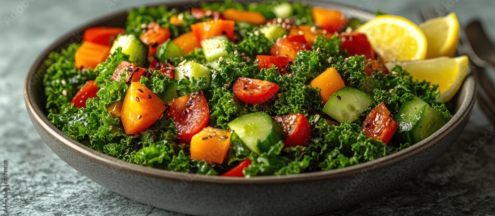 A vibrant salad featuring kale, cucumbers, tomatoes, and bell peppers, garnished with lemon. A vibrant salad featuring kale, cucumbers, tomatoes, and bell peppers, garnished with lemon.